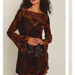 Rare London Floral Long Sleeve Dress (Brown Burnout Shift Mini Dress)